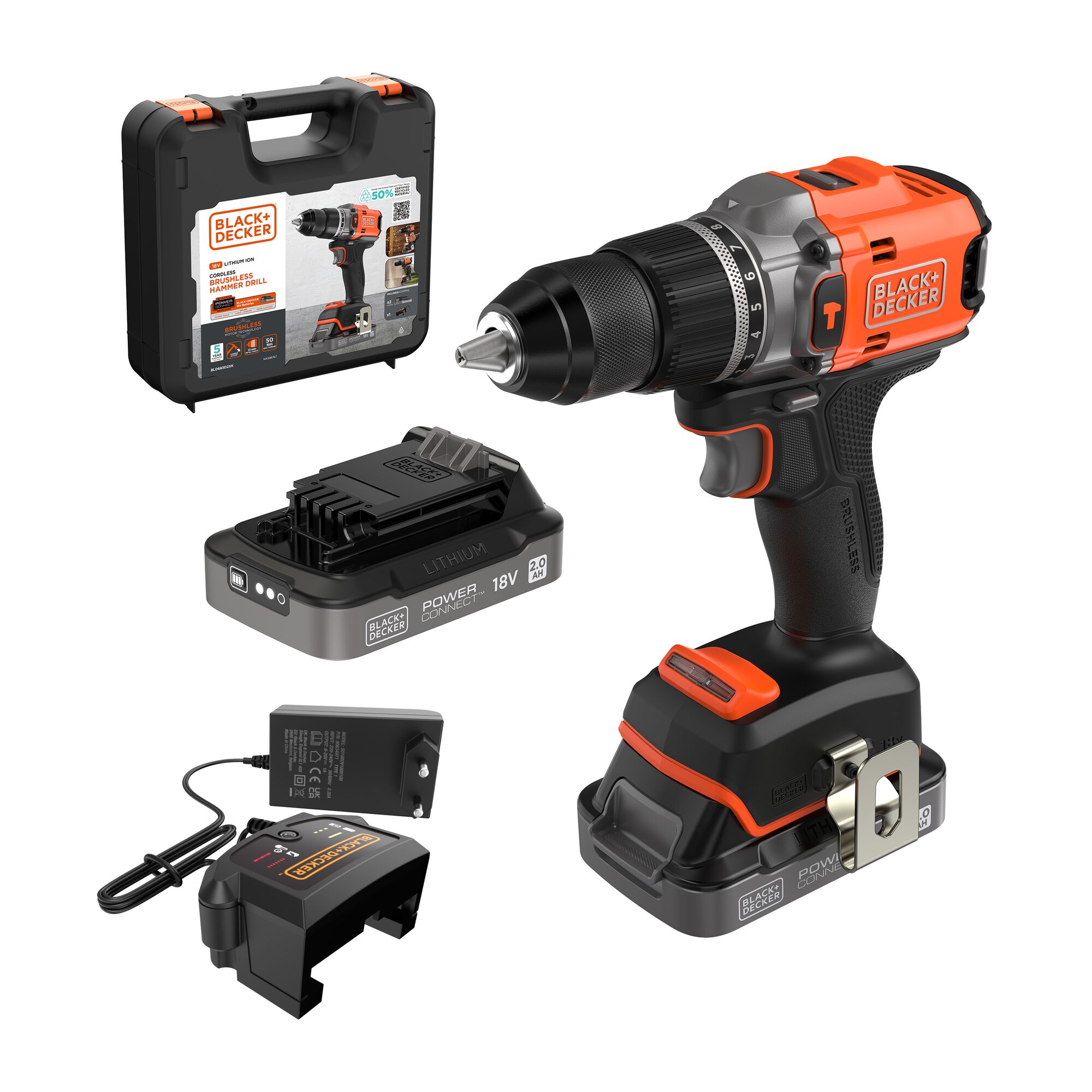 BLD683D2XK-QW - Taladro percutor BRUSHLESS a batería 18V POWERCONNECT™ (con 2 baterías de 2Ah con indicador de estado de carga, cargador de 1A y maletín)