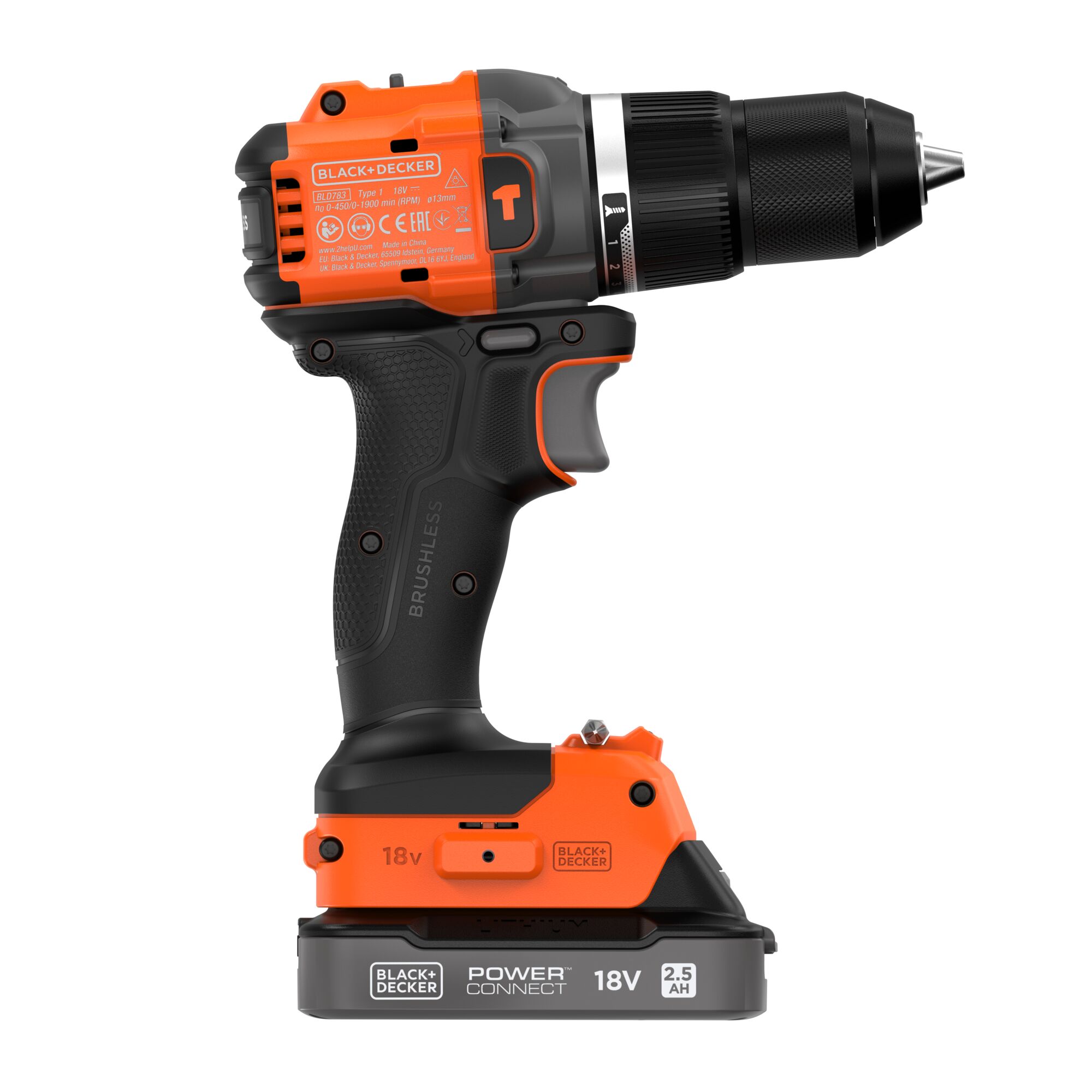BLD783E2K-QW - Taladro percutor BRUSHLESS 18V con 2 baterías de 2,5Ah con indidcador de carga, cargador rápido de 1A y maletín