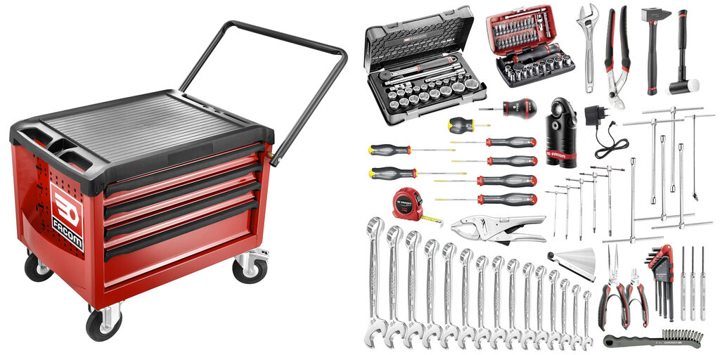 Selección para el mantenimiento de 2 ruedas y motos 118 herramientas - cofre con ruedas