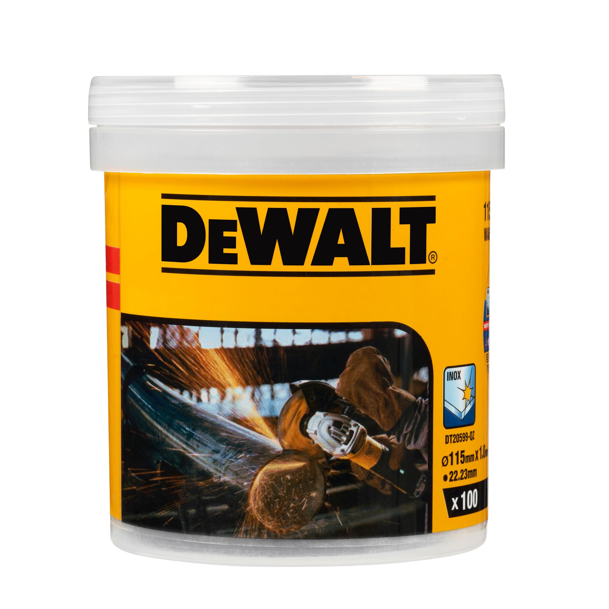 DT20599-QZ - Cubo con 100 discos de corte de alto rendimiento para acero inox 115x1x22,23mm