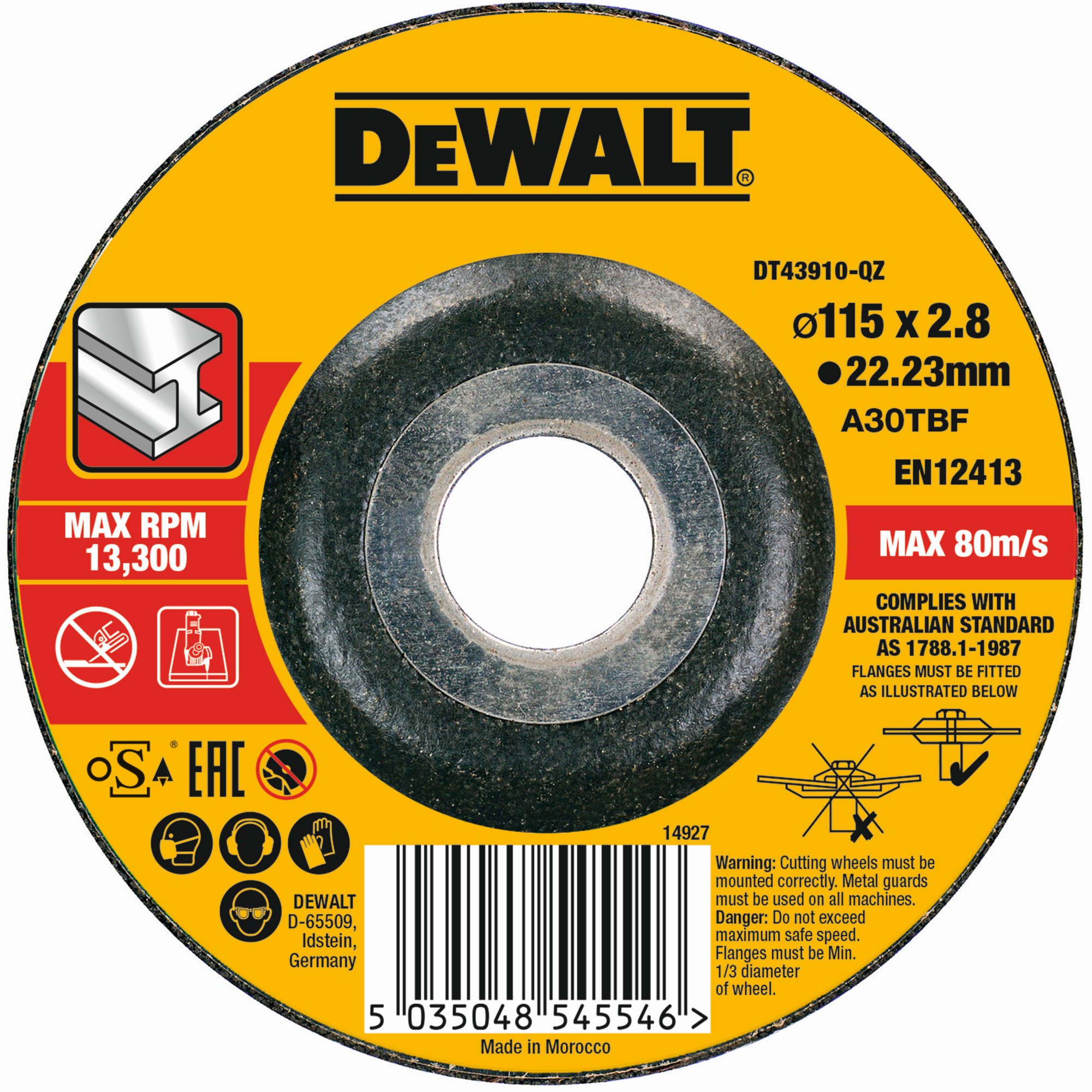 DT43910-QZ - Disco de corte concavo para metal con grano profesional de óxido de alumínio 115 x 2.8 x 22.23mm