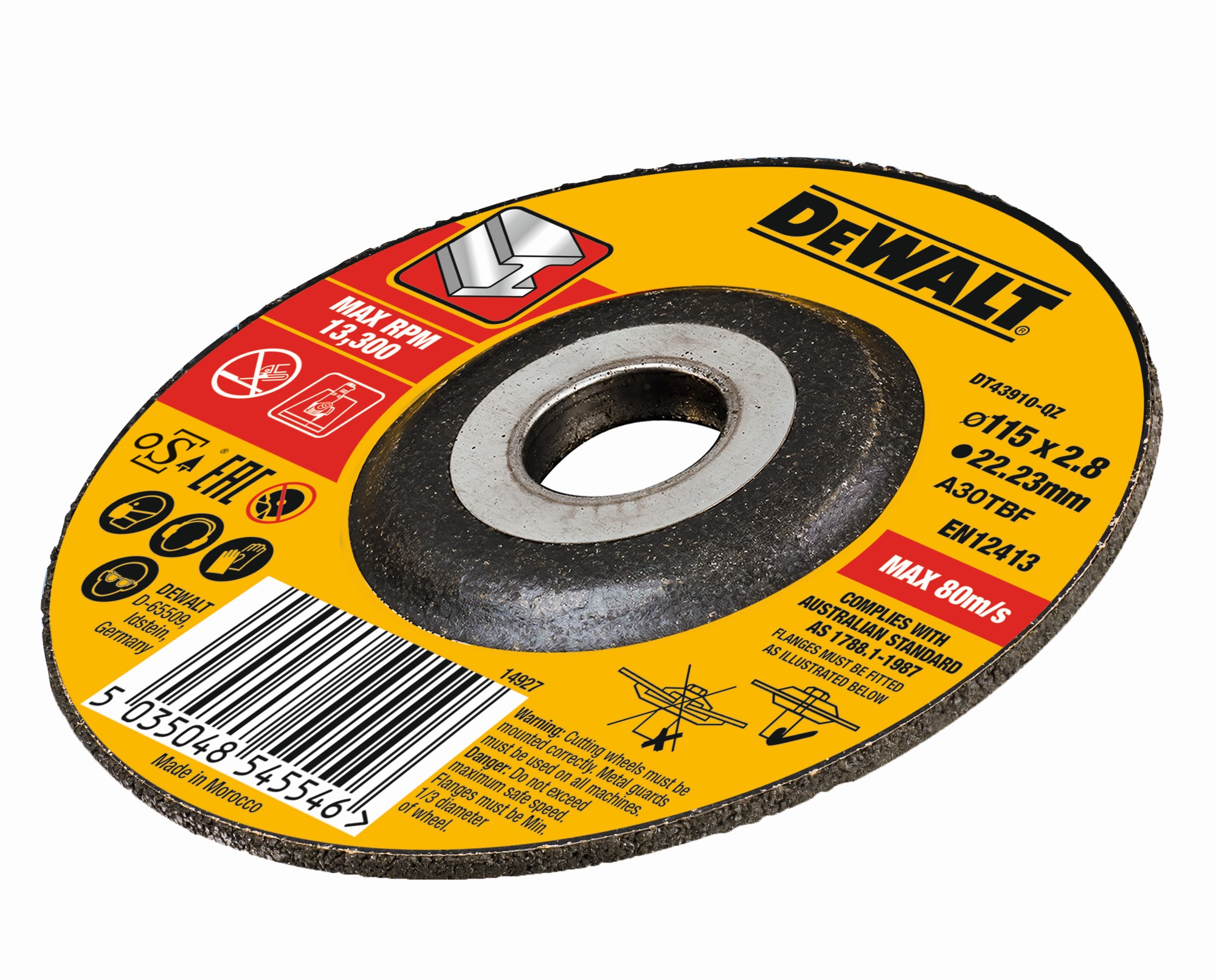 DT43910-QZ - Disco de corte concavo para metal con grano profesional de óxido de alumínio 115 x 2.8 x 22.23mm