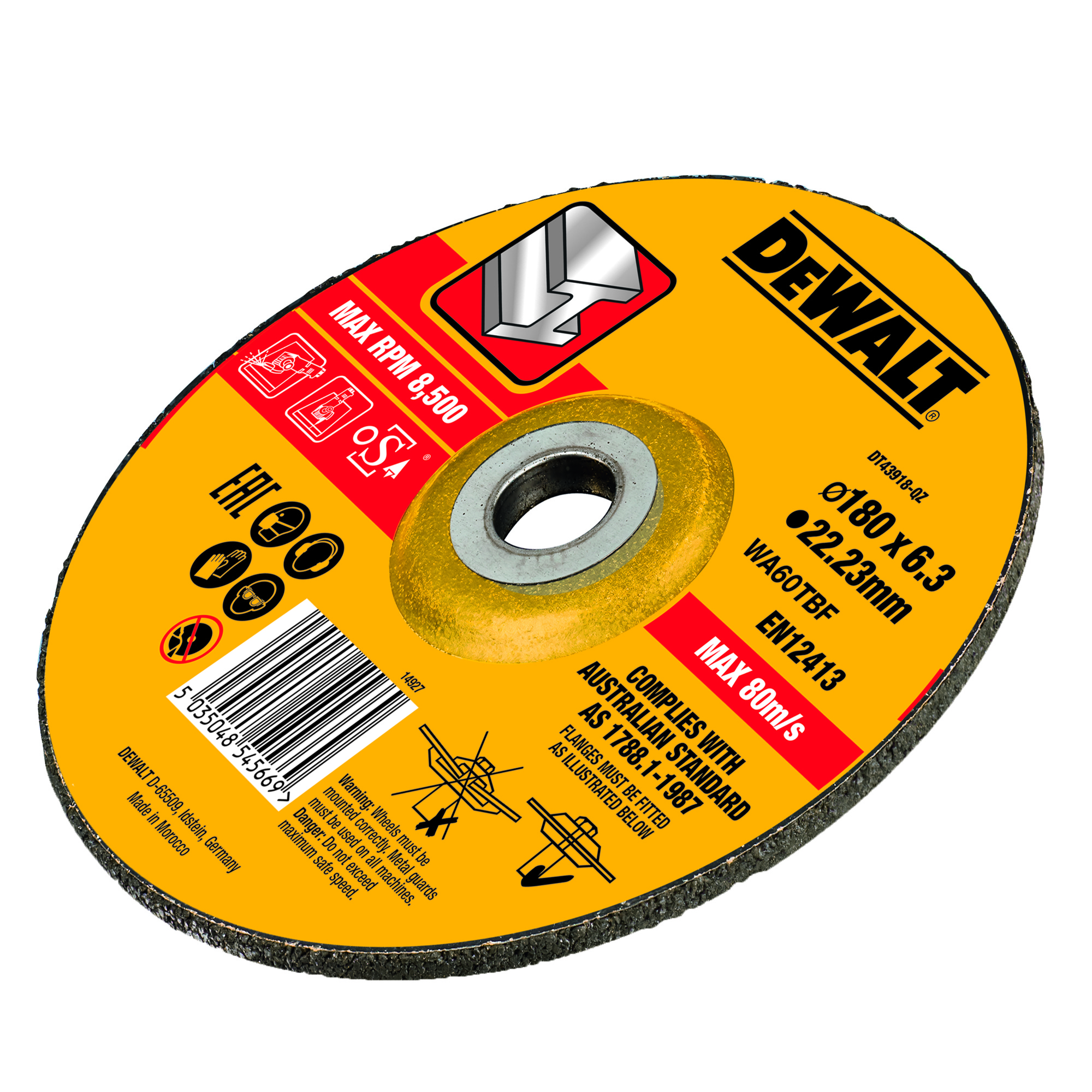 DT43918-QZ - Disco de desbaste concavo para metal con grano profesional de óxido de alumínio 180 x 6.3 x 22.23mm