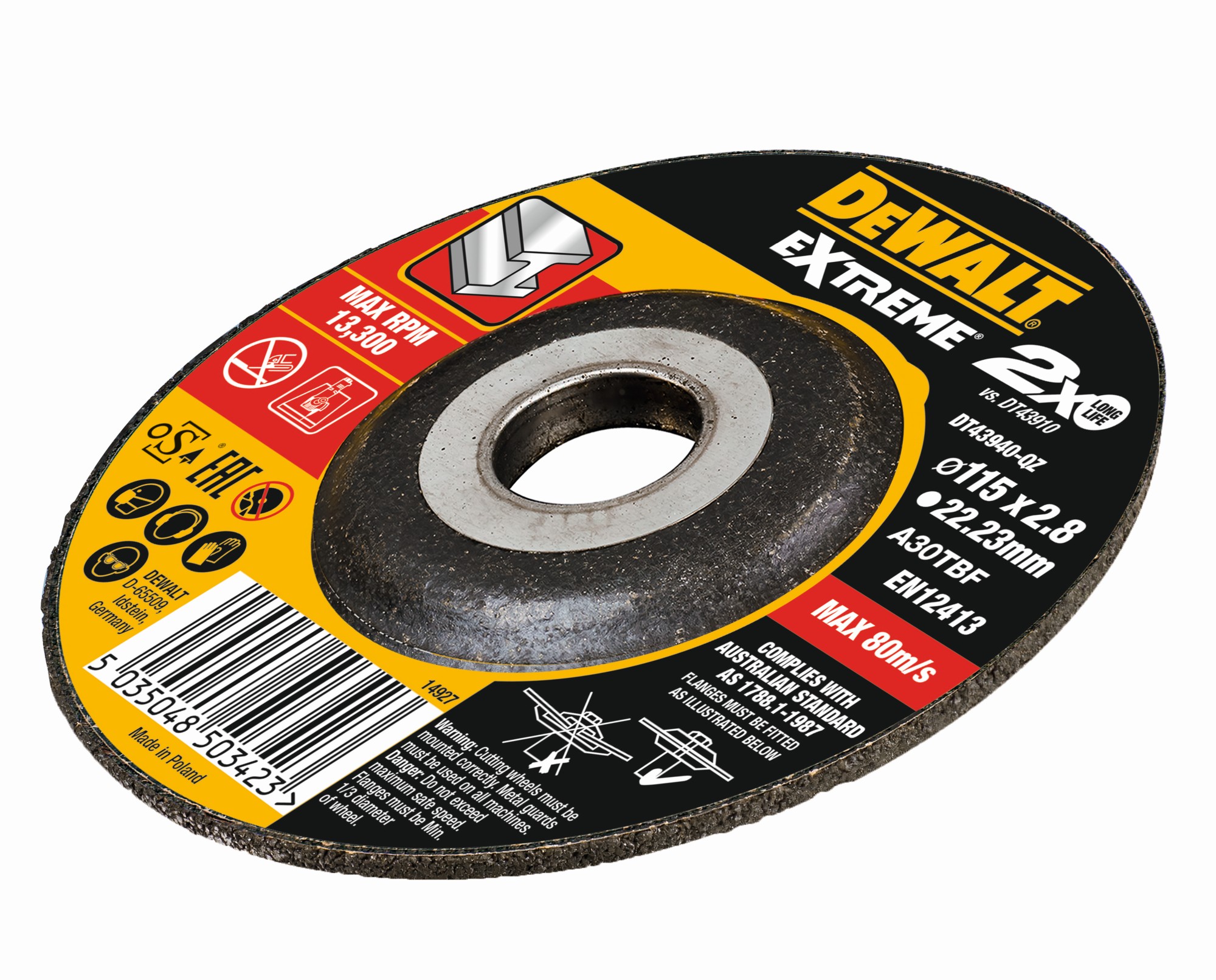 DT43940-QZ - Disco de corte concavo EXTREME® para metal con grano industrial de óxido de alumínio 115 x 2.8 x 22.23mm