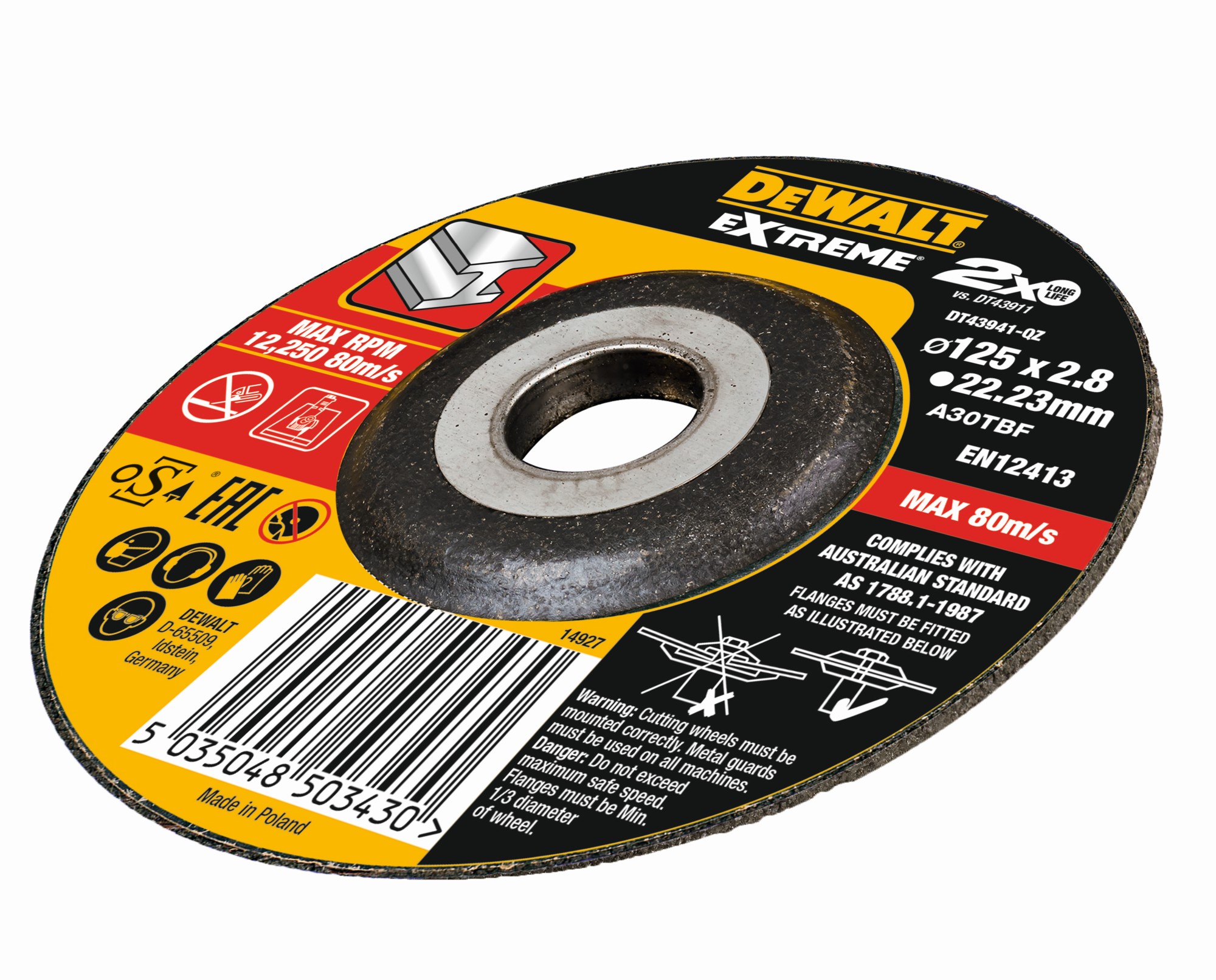 DT43941-QZ - Disco de corte concavo EXTREME® para metal con grano industrial de óxido de alumínio 125 x 2.8 x 22.23mm