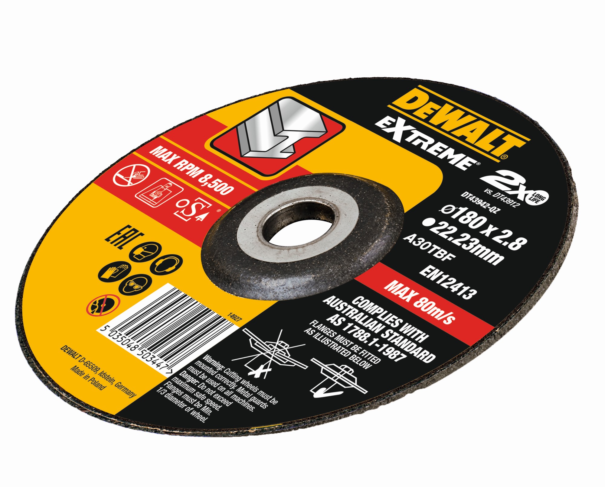 DT43942-QZ - Disco de corte concavo EXTREME® para metal con grano industrial de óxido de alumínio 180 x 2.8 x 22.23mm