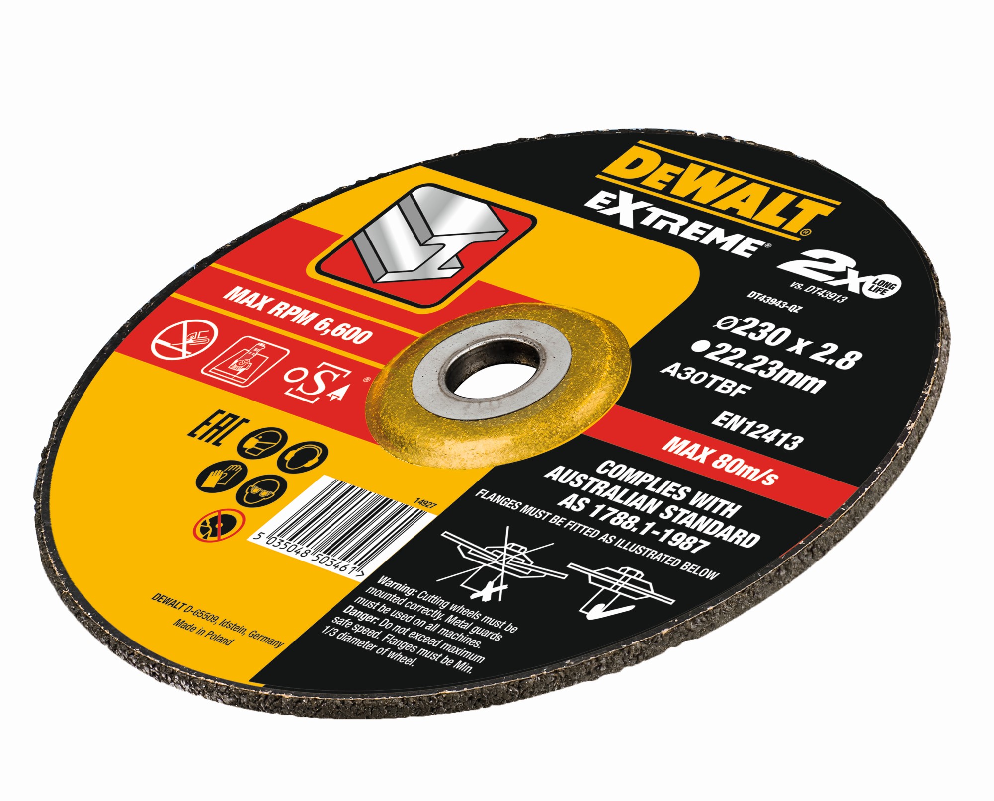 DT43943-QZ - Disco de corte concavo EXTREME® para metal con grano industrial de óxido de alumínio 230 x 2.8 x 22.23mm