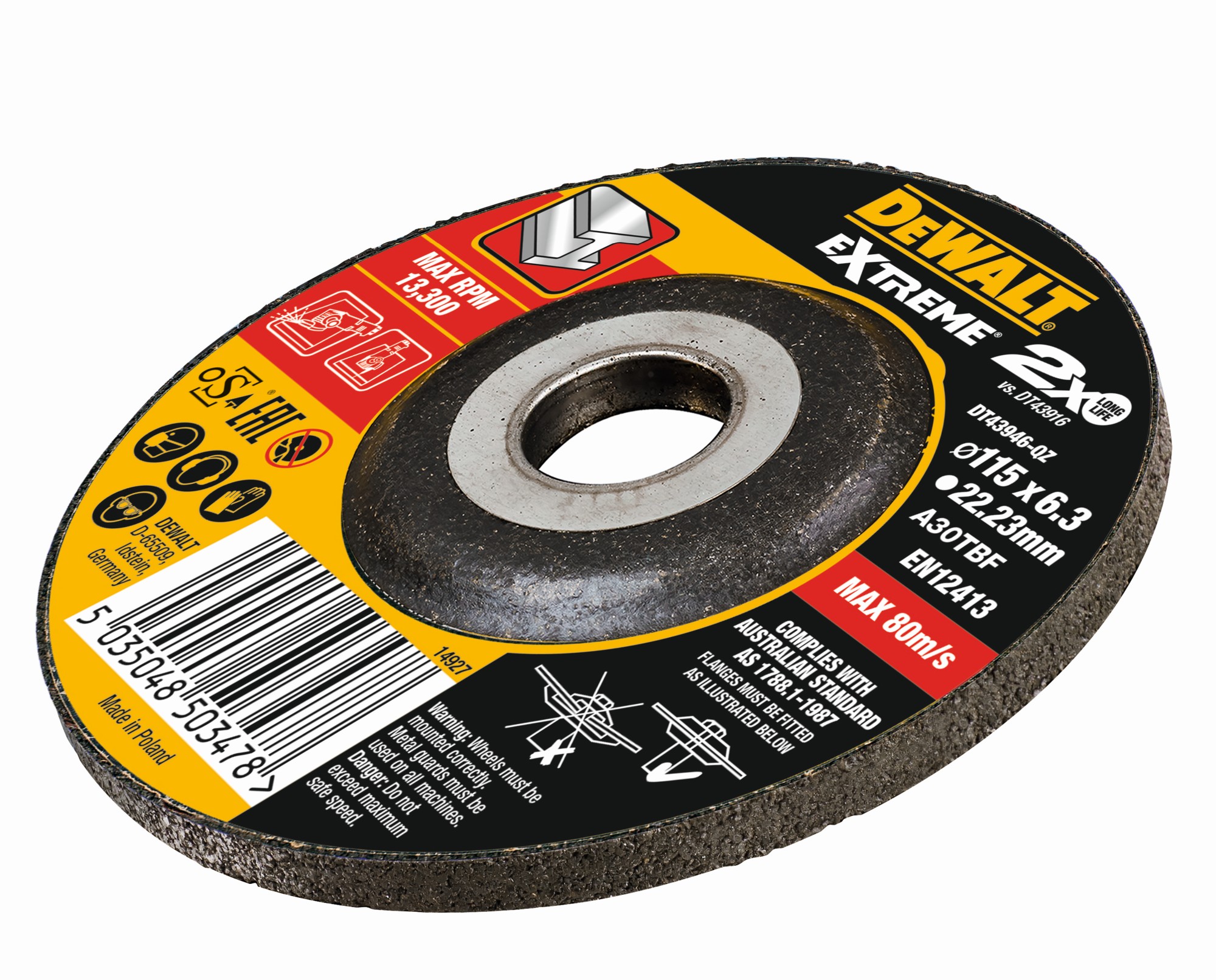 DT43946-QZ - Disco de desbaste concavo EXTREME® para metal con grano industrial de óxido de alumínio 115 x 6.3 x 22.23mm