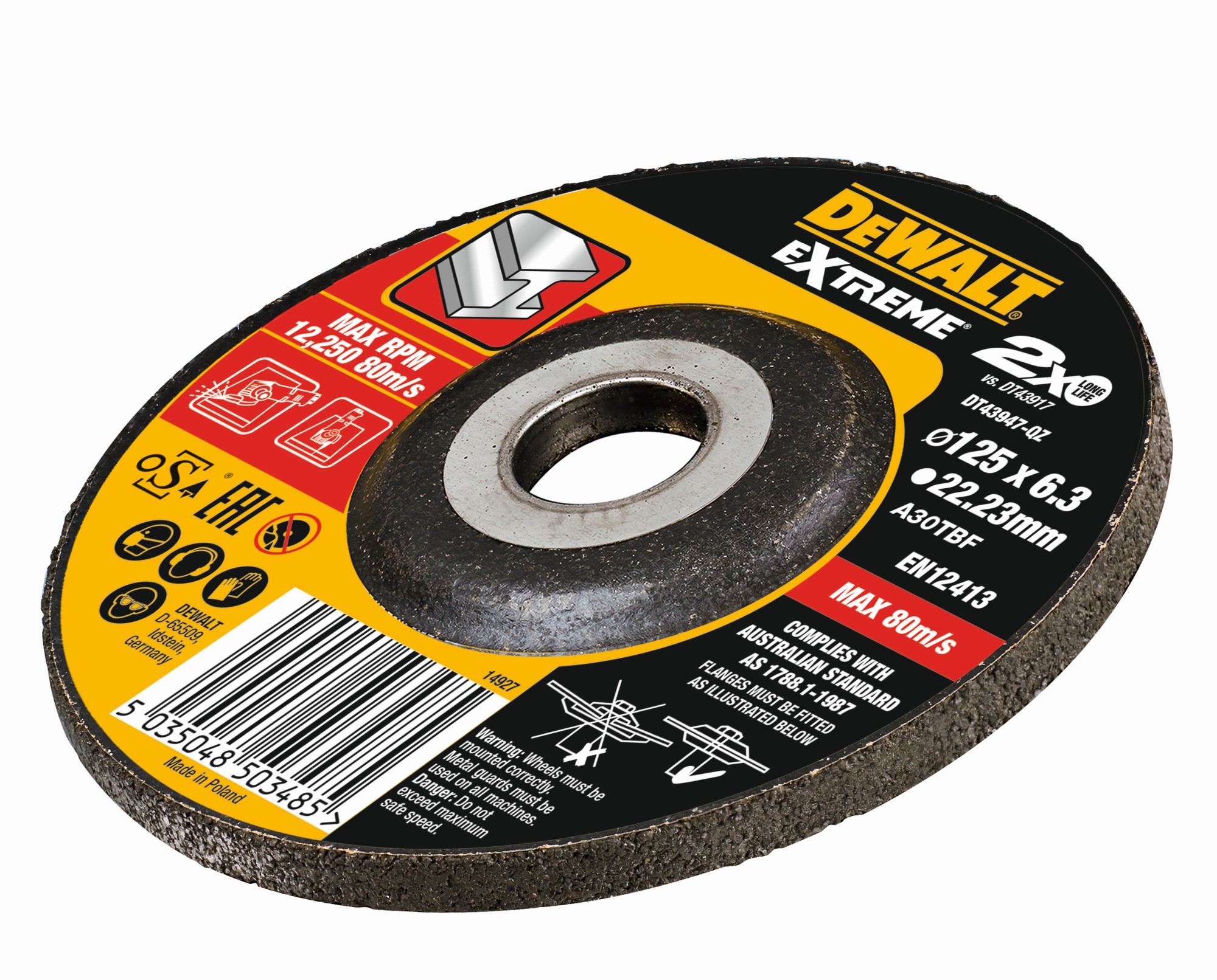 DT43947-QZ - Disco de desbaste concavo EXTREME® para metal con grano industrial de óxido de alumínio 125 x 6.3 x 22.23mm