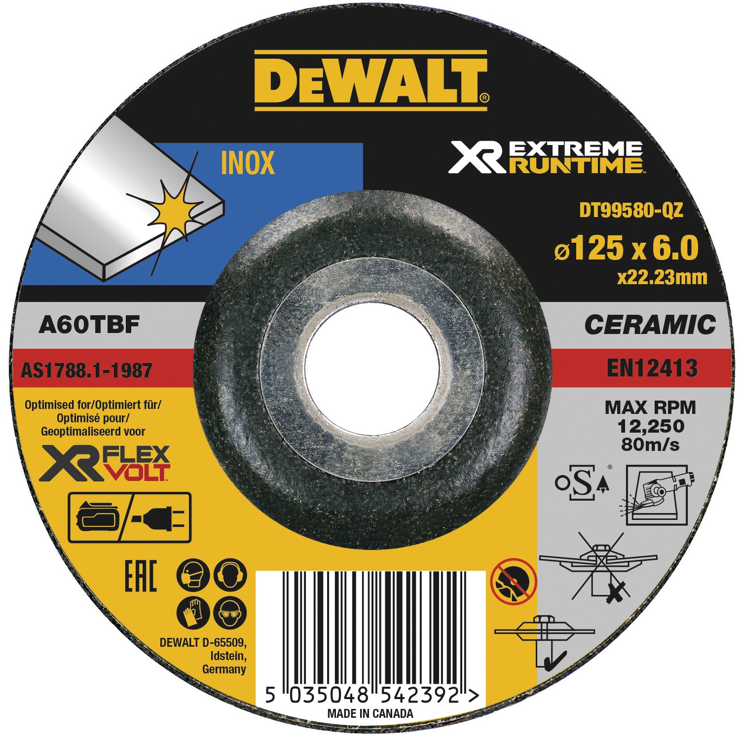 DT99580-QZ - Disco de desbaste XR EXTREME RUNTIME con grano cerámico para acero Inoxidable 125mm x 6mm