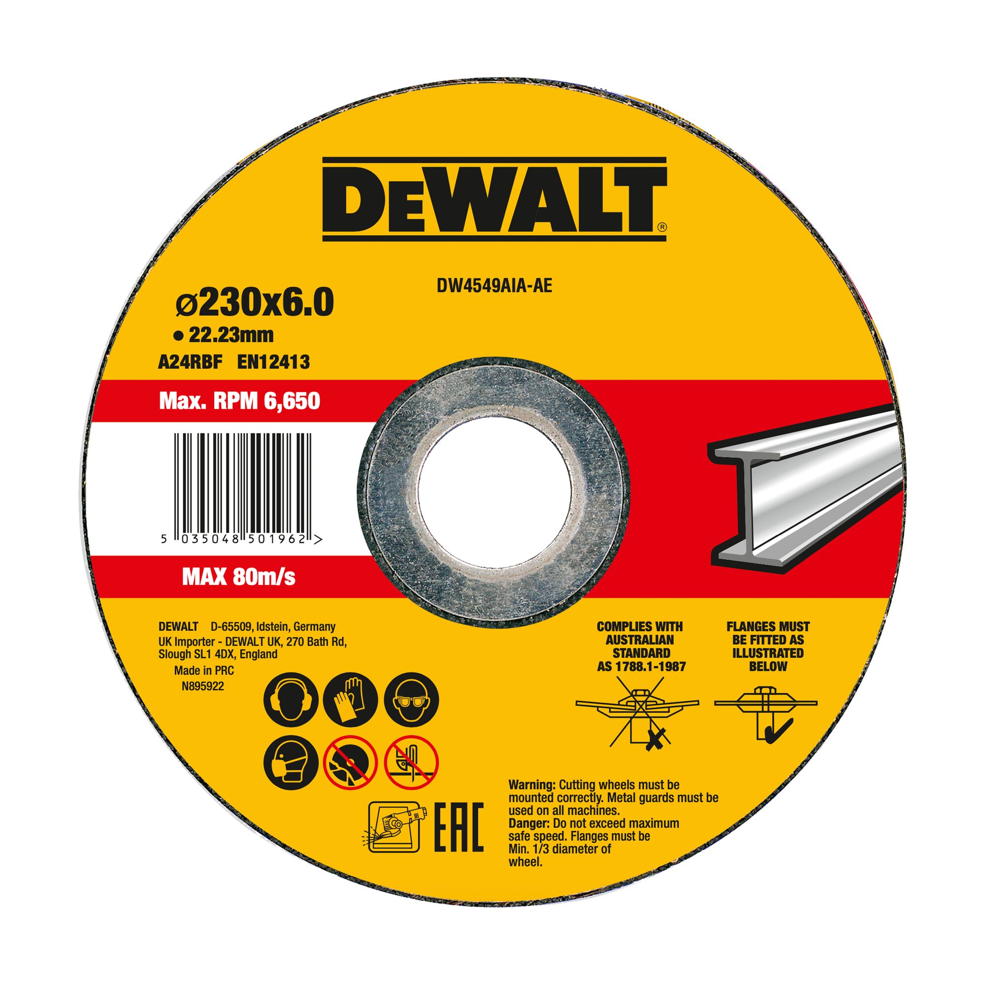 DW4549AIA-AE - Disco de desbaste cóncavo para metal 230 x 6 x 22.23 mm
