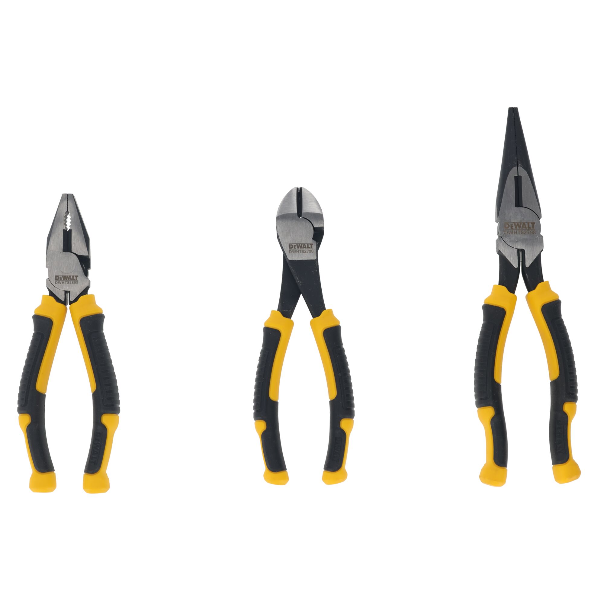 DWHT82813-0 - Set 3 alicates LH DEWALT: Diagonal 160mm, Bocas largas 200mm, Universal 160mm