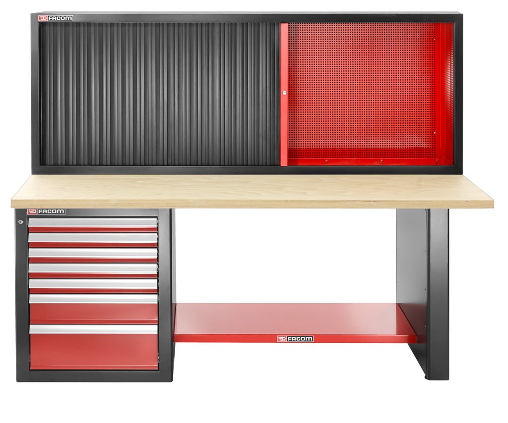 Banco de trabajo para cargas pesadas 2182mm - 7 cajones - parte superior de madera - versión alta y armario con cortina