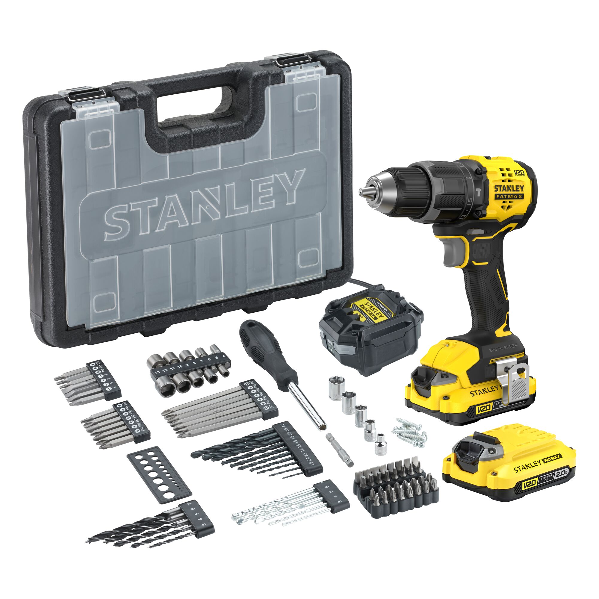 KIT: Taladro Percutor BRUSHLESS V20 Li-Ion 18V 60Nm SFMCD716 + Set de 100 accesorios con 2 baterías Li-Ion 2Ah, cargador 1,25A y maletín