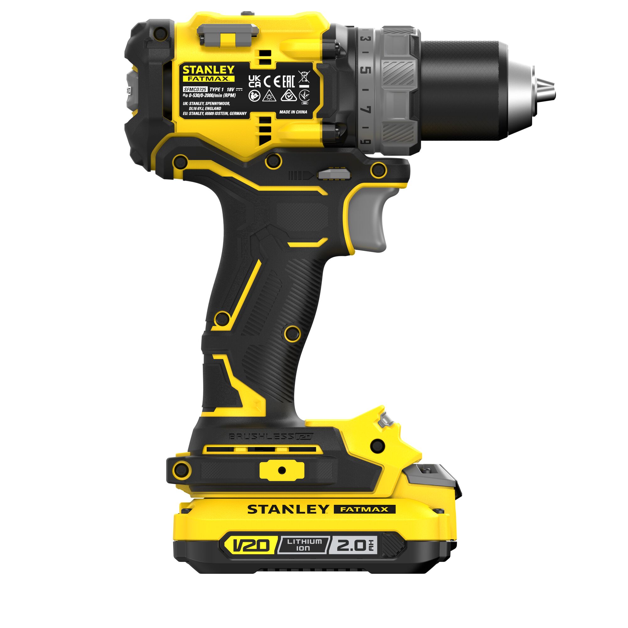 Taladro Atornillador BRUSHLESS V20 Li-Ion 18V 80Nm. Incluye 2 baterías Li-Ion 2Ah, cargador 1.25A y maletín