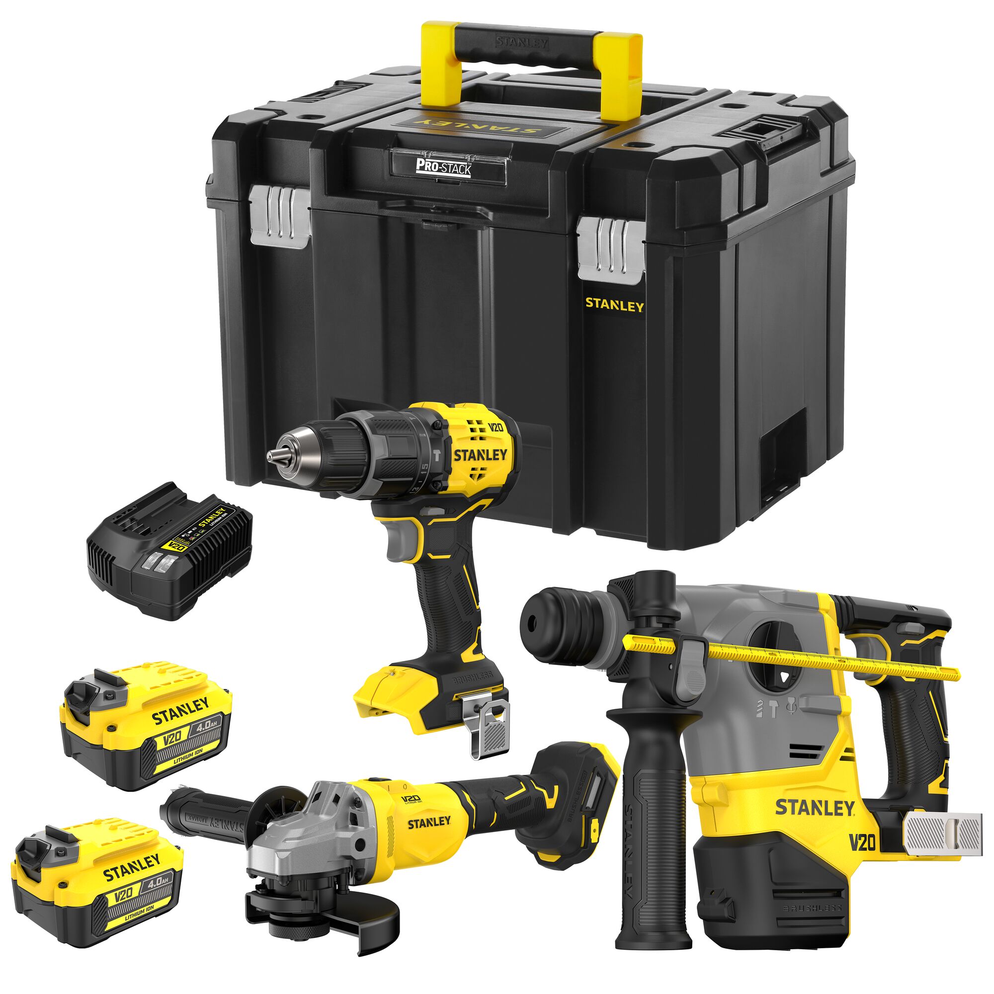 COMBO KIT: Taladro Percutor BRUSHLESS V20 60Nm + Martillo SDS-Plus Compacto BRUSHLESS V20 + Mini-Amoladora BRUSHLESS V20 125mm. Incluye 2 baterías Li-Ion 4Ah, cargador 4A y Maletín Pro-Stack