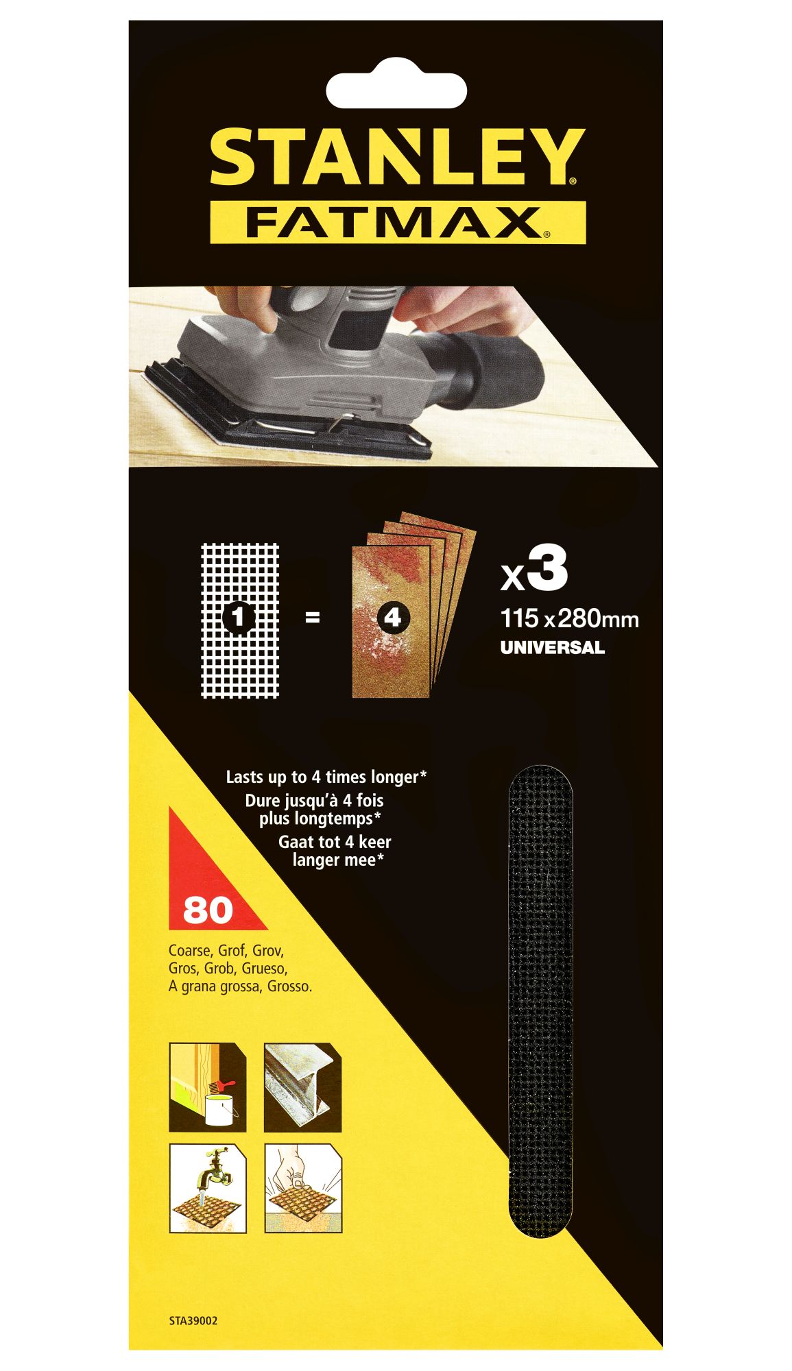 3 hojas de lija de malla 1/2 (115x280mm), no velcro.  Grano 80