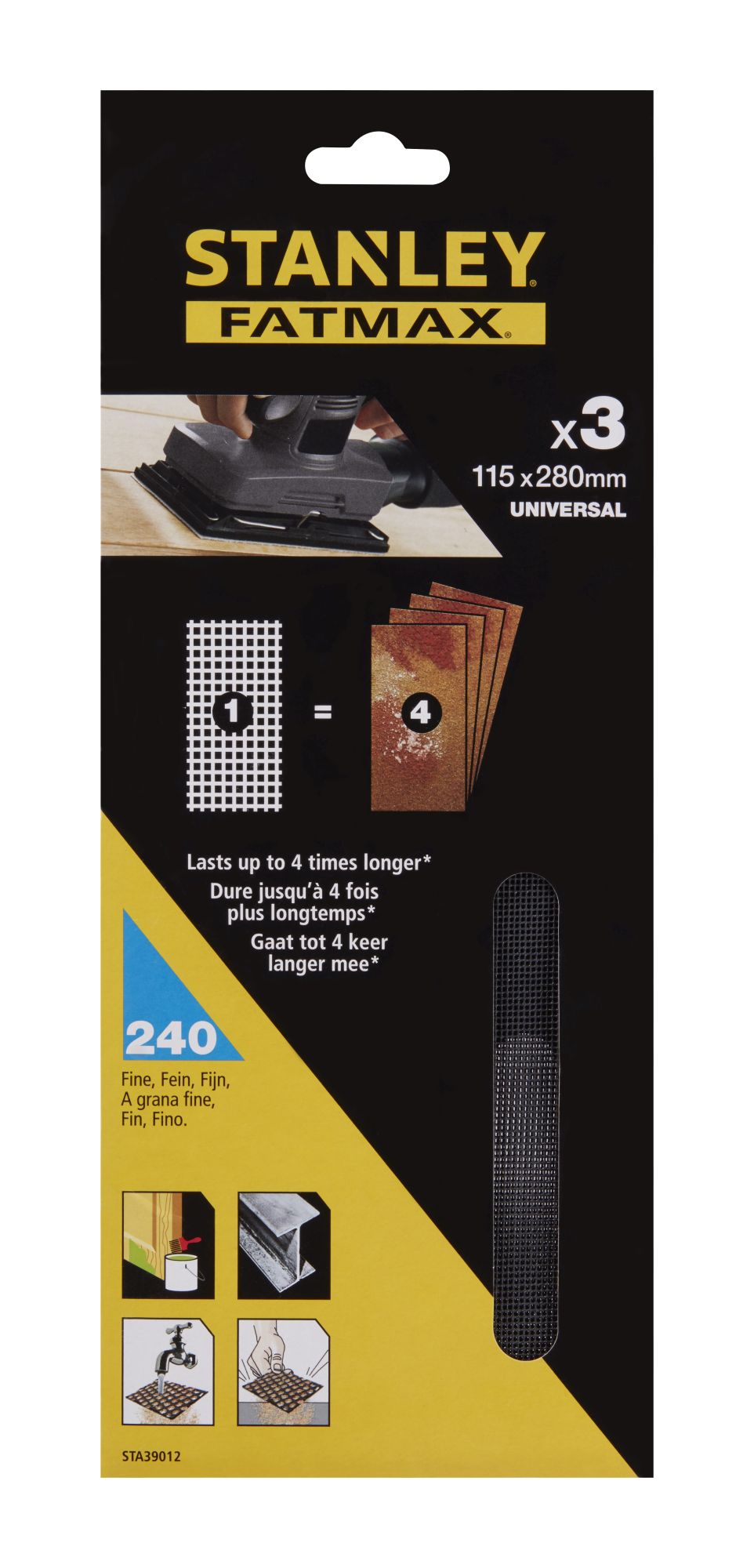 3 hojas de lija de malla 1/2 (115x280mm), no velcro.  Grano 240