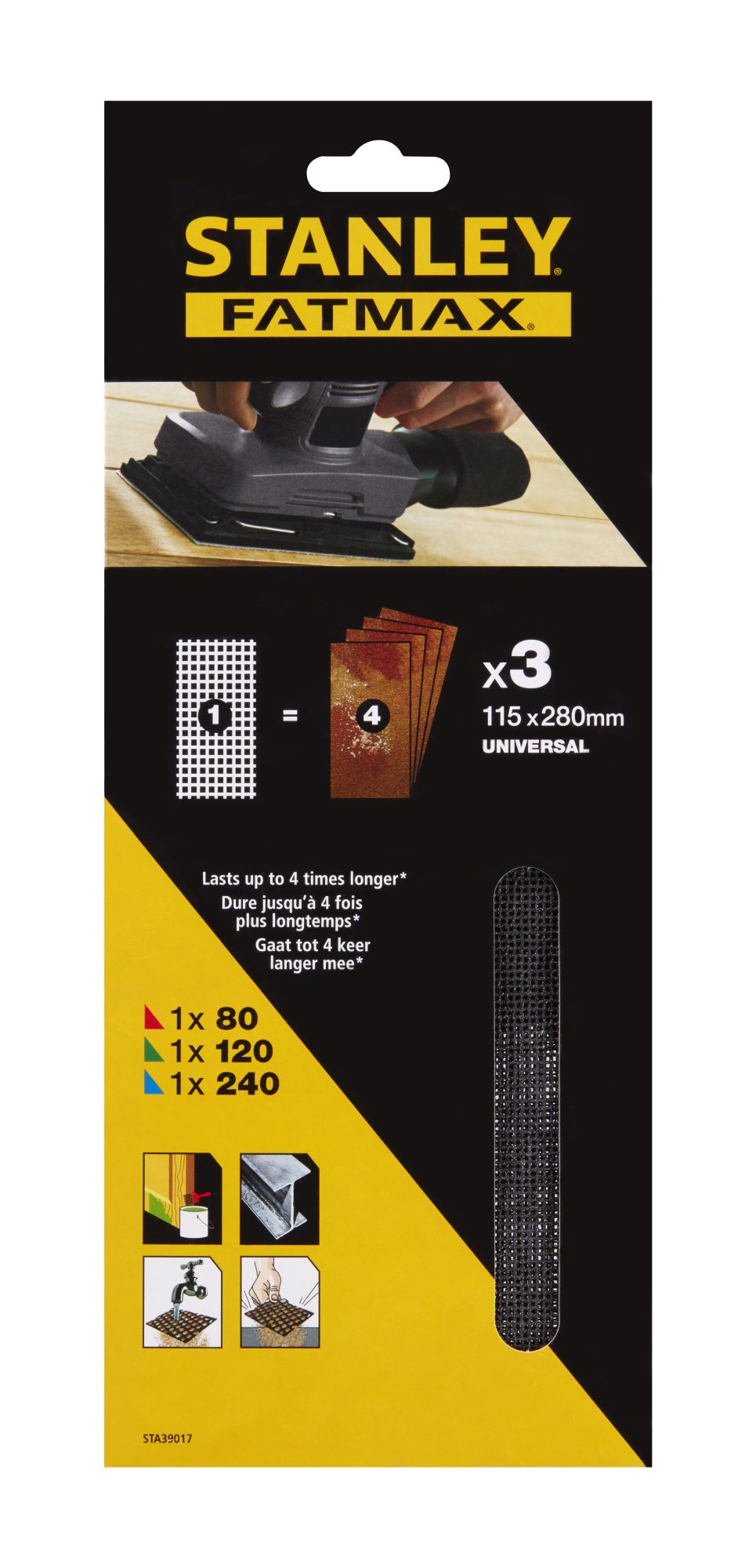 3 hojas de lija de malla 1/2 (115x280mm), no velcro.  Grano 80-120-240