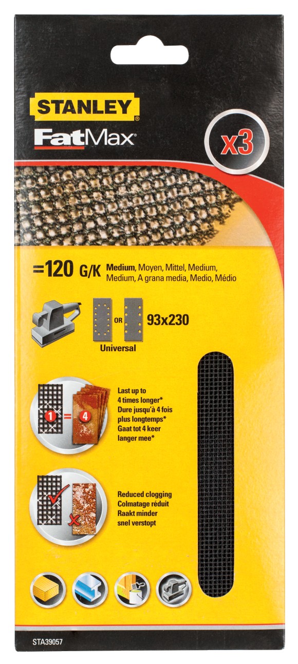 3 hojas de lija de malla 1/3  (93x190mm), no velcro. Grano 120