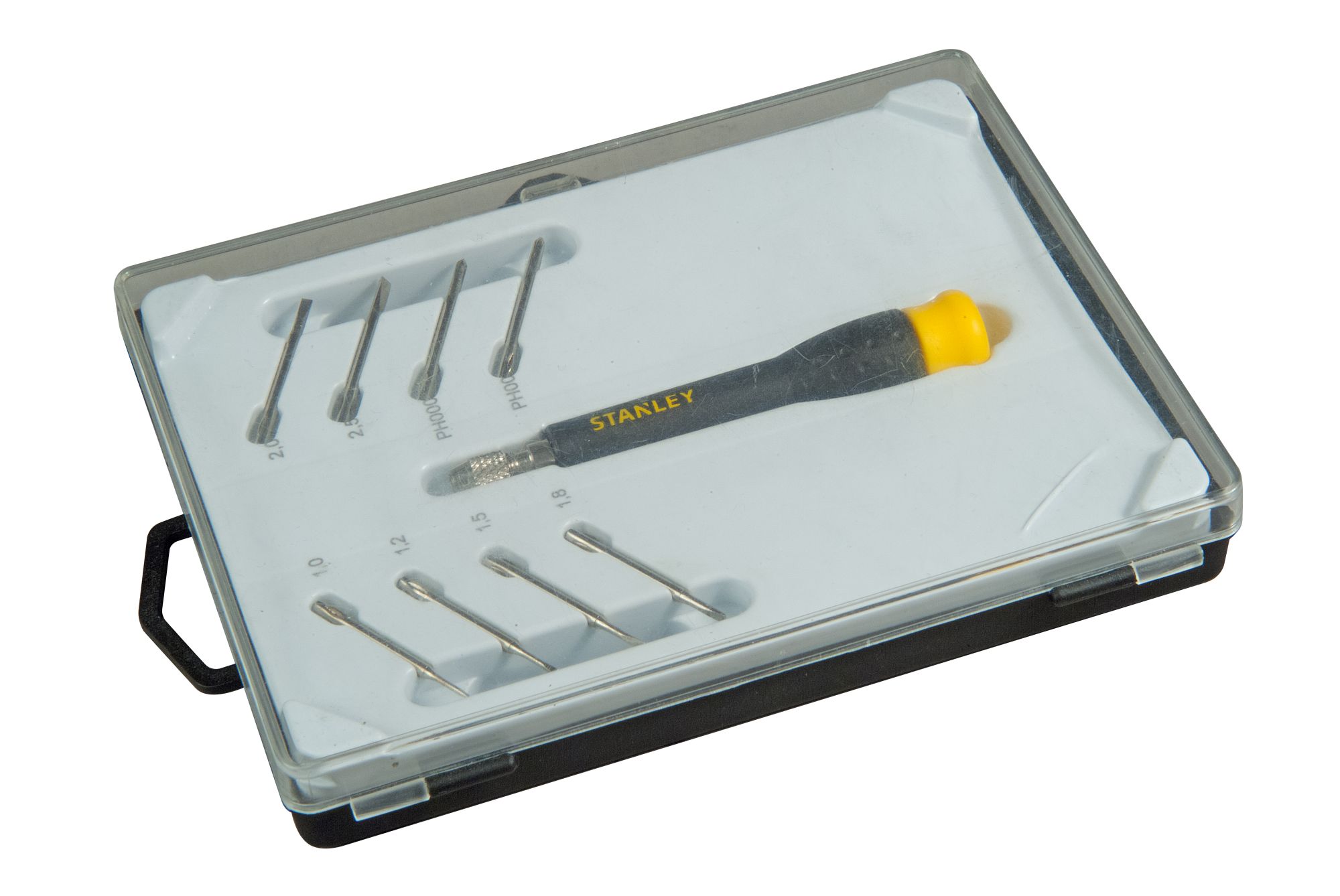 Juego de destornillador de precisión FATMAX® con 8 puntas intercambiables. Planas 1, 1.2, 1.5, 1.8, 2, 2.5. Phillips PH000 y PH00.