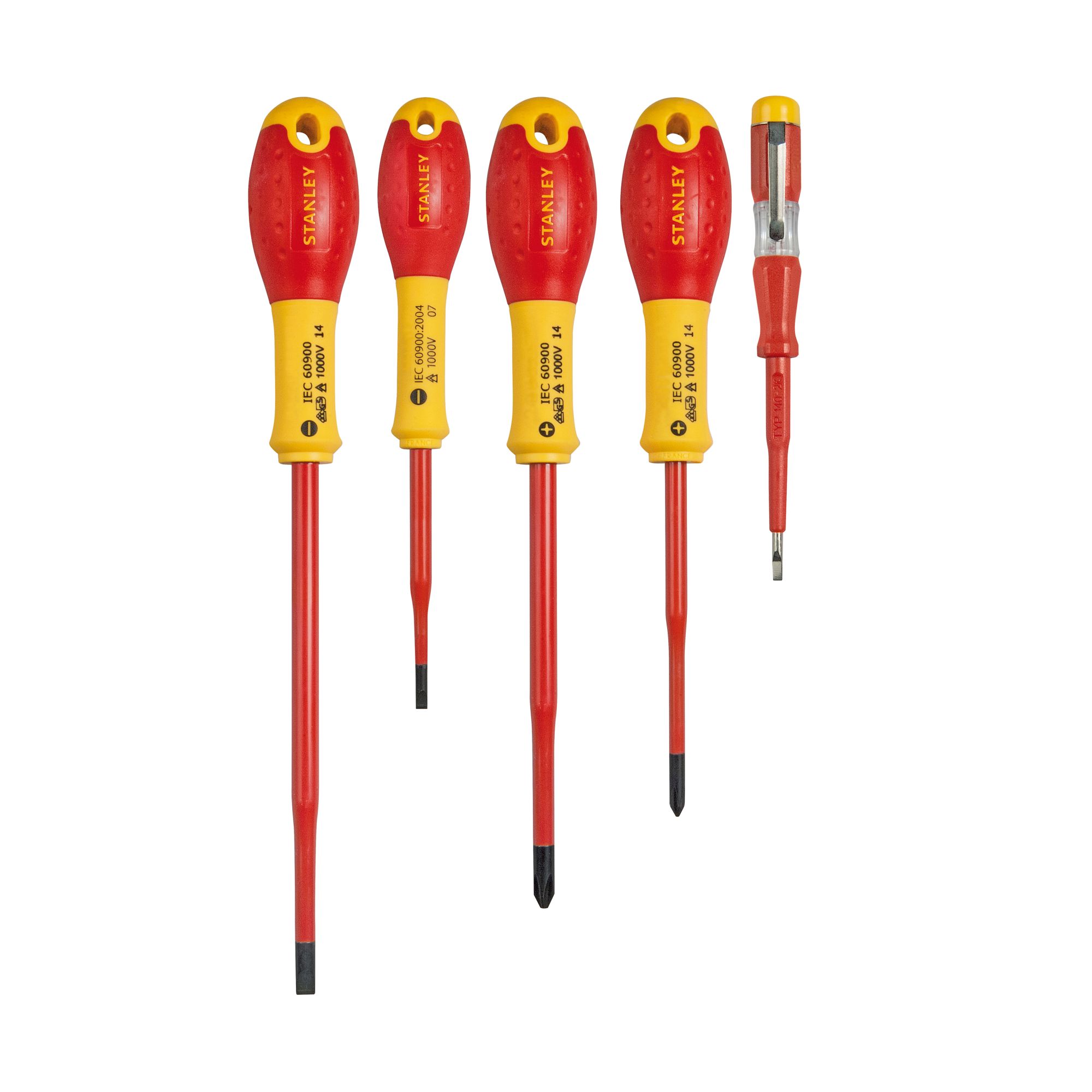 Juego 5 destornilladores FatMax VDE con punta reducida. Electricista 3.5x75mm, 5.5x150mm; Ph1x100mm, Ph2x125mm, Test de voltaje