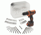 BDCDD12AT-QW - Taladro Atornillador 10,8V con 1 batería 1,5Ah de Litio, 50 accesorios, cargador y caja metálica