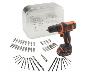 BDCDD12AT-QW - Taladro Atornillador 10,8V con 1 batería 1,5Ah de Litio, 50 accesorios, cargador y caja metálica