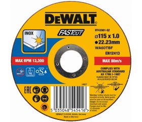 DT43901-QZ - Disco de corte plano INOX con grano profesional de óxido de aluminio Fast Cut 115 x 1.2 x 22.23mm