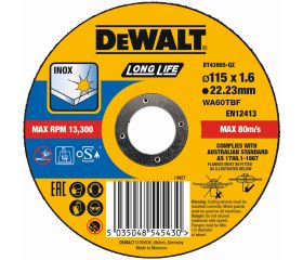 DT43905-QZ - Disco de corte plano INOX con grano profesional de óxido de aluminio Long Life 125 x 1.6 x 22.23mm