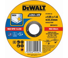 DT43906-QZ - Disco de corte plano INOX con grano profesional de óxido de aluminio Long Life 125 x 1.6 x 22.23mm