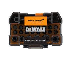 DT70906-QZ - Juego de 24 piezas edición McLaren: 15 puntas de 25mm (PH, PZ, H, T), 6 llaves de vaso hexagonales (Ø 6-13mm), llave de carraca, portapuntas magnético, y adaptador de 1/4