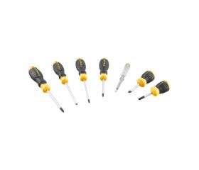 Juego de 7 destornilladores Cushion Grip: Phillips 1x75, 2x45x 2x100; Electricista 4.0x100, 5.5x100; Mecánico 6.5x45, Test de voltaje