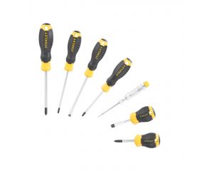 Juego de 7 destornilladores Cushion Grip: Phillips 1x75, 2x45x 2x100; Electricista 4.0x100, 5.5x100; Mecánico 6.5x45, Test de voltaje
