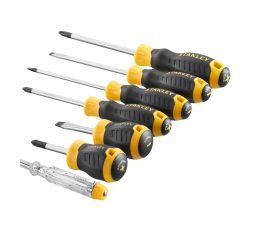 Juego de 7 destornilladores Cushion Grip: Phillips 1x75, 2x45x 2x100; Electricista 4.0x100, 5.5x100; Mecánico 6.5x45, Test de voltaje