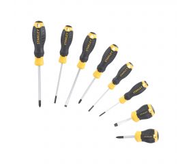 Juego de 8 destornilladores Cushion Grip: Phillips 0x60, 1x75, 2x45x 2x100; Electricista 3.5x60, 4.0x100; Mecánico 5.5x100, 6,5x45mm