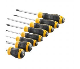 Juego de 8 destornilladores Cushion Grip: Phillips 0x60, 1x75, 2x45x 2x100; Electricista 3.5x60, 4.0x100; Mecánico 5.5x100, 6,5x45mm