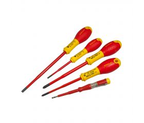 Juego 5 destornilladores FatMax VDE con punta reducida. Electricista 3.5x75mm, 5.5x150mm; Ph1x100mm, Ph2x125mm, Test de voltaje