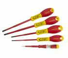 Juego 5 destornilladores FatMax VDE con punta reducida. Electricista 3.5x75mm, 5.5x150mm; Pz1x100mm, Pz2x125mm, Test de voltaje