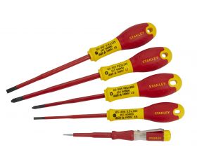Juego 5 destornilladores FatMax VDE con punta reducida. Electricista 3.5100mm, 5.5x125mm; Borneo Pz1x100mm, Borneo Pz2x125mm, Test de voltaje