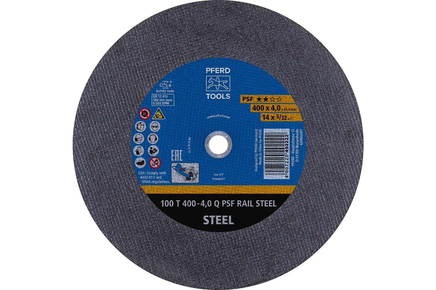 Disco de corte de raíles T 400x4,0x25,4 mm línea Universal PSF RAIL para raíles de ferrocarril