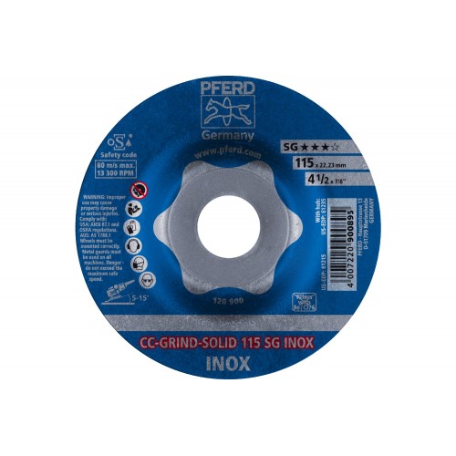 Disco de desbaste CC-GRIND-SOLID 115x22,23 mm COARSE línea de rendimiento SG INOX para acero inoxidable