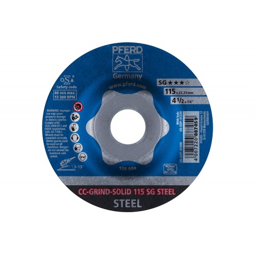 Disco de desbaste CC-GRIND-SOLID 115x22,23 mm COARSE línea de rendimiento SG STEEL para acero