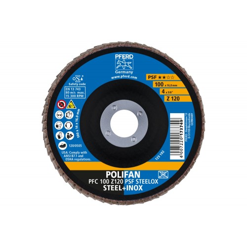 Disco de láminas lijadoras POLIFAN PFC 100x16 mm cónico Z120 línea universal PSF STEELOX acero/acero inoxidable