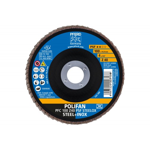 Disco de láminas lijadoras POLIFAN PFC 100x16 mm cónico Z40 línea universal PSF STEELOX acero/acero inoxidable