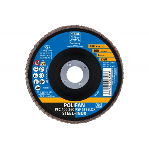 Disco de láminas lijadoras POLIFAN PFC 100x16 mm cónico Z60 línea universal PSF STEELOX acero/acero inoxidable