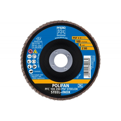 Disco de láminas lijadoras POLIFAN PFC 100x16 mm cónico Z80 línea universal PSF STEELOX acero/acero inoxidable