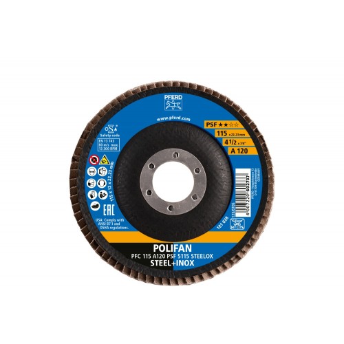 Disco de láminas lijadoras POLIFAN PFC 115x22,23 mm cónico A120 línea universal PSF 5115 STEELOX acero/acero inoxidable