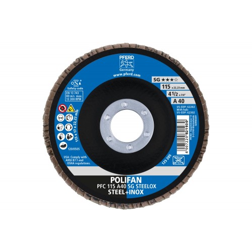 Disco de láminas lijadoras POLIFAN PFC 115x22,23 mm cónico A40 SG STEELOX acero/acero inoxidable