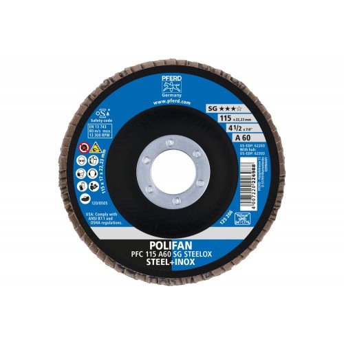 Disco de láminas lijadoras POLIFAN PFC 115x22,23 mm cónico A60 línea universal PSF STEELOX acero/acero inoxidable